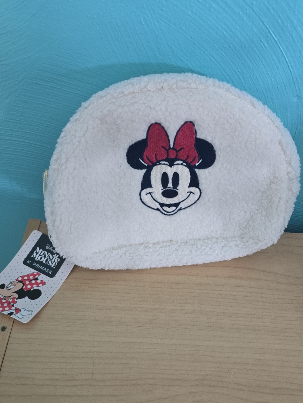 Primark Cream Plush Cosmetic Pouch with Red Bow Detail
